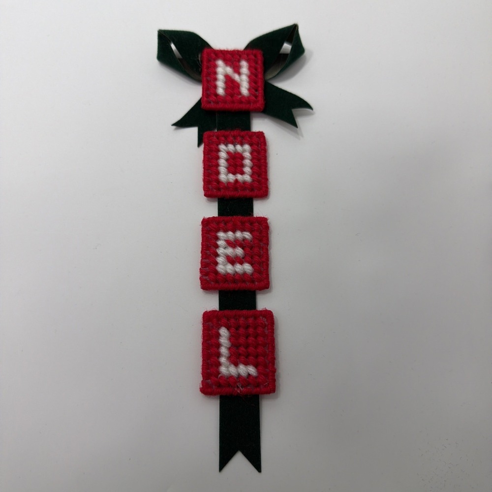 Vintage NOEL Plastic Canvas Needlepoint 8x3 Refrigerator Magnet Holiday Handmade